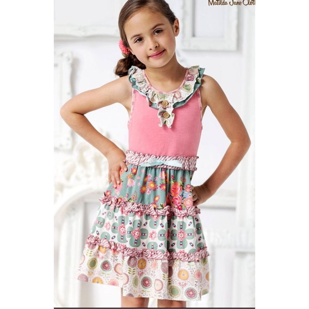 Matilda Jane Fun On The Cape Pink Floral Tiered Ruffle Dress Size 6